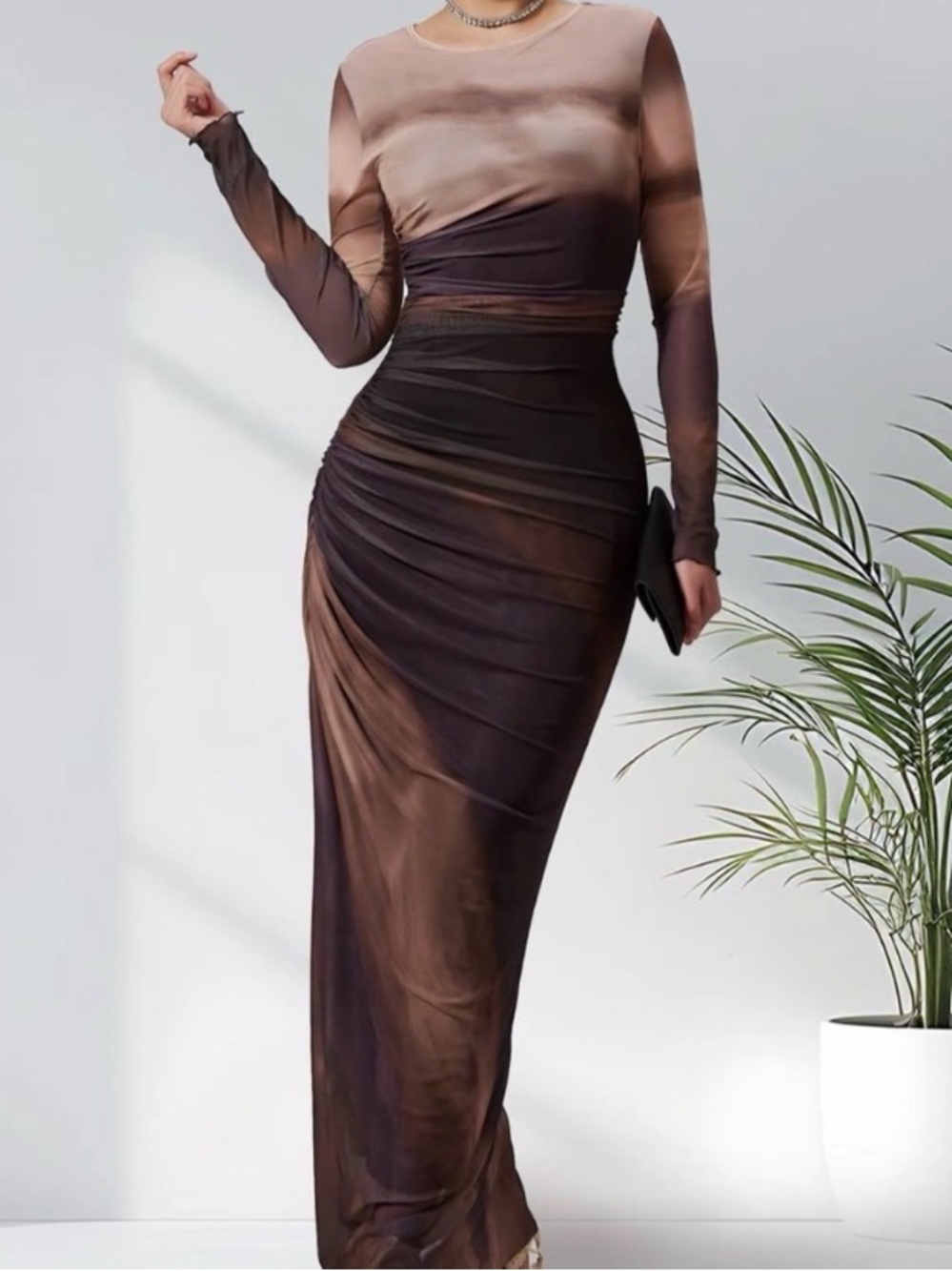 Elegant Brown Ombre Long Sleeve Mesh Overlay Maxi Dress